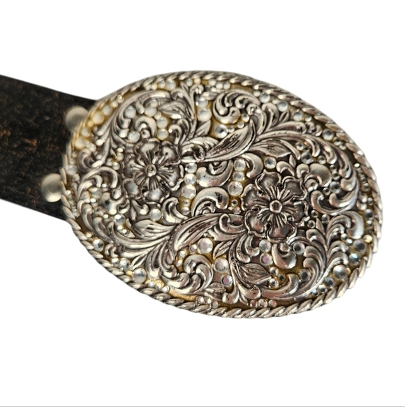 Nocona Distressed Black Leather Western Belt Floral Rhinestone Buckle L main image 6